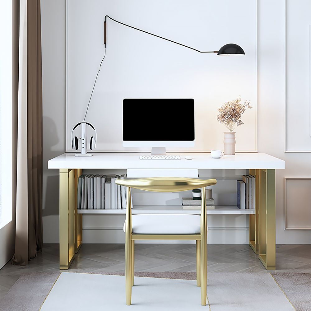 39" White&gold Rectangular Computer Desk With Drawer Office Desk For Glass And Gold Rectangular Desks (View 15 of 15)