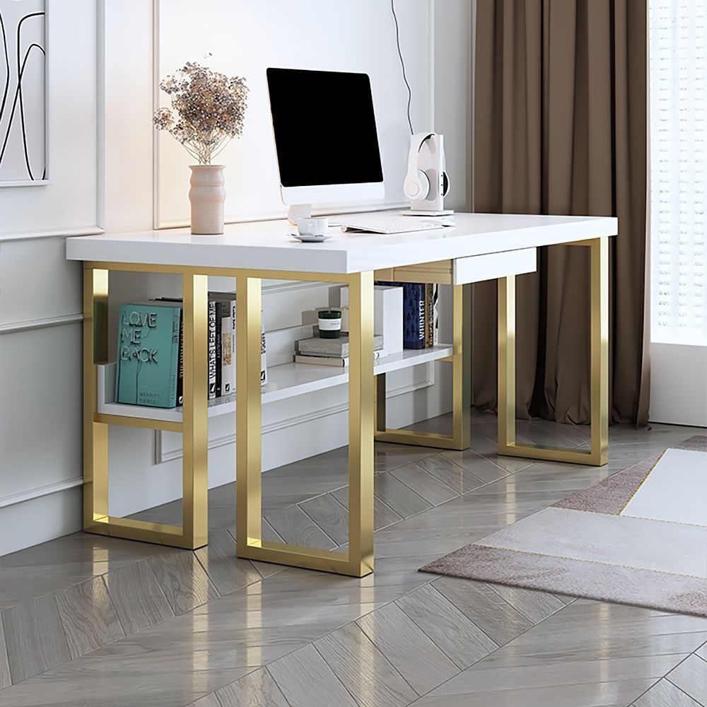 39" White&gold Rectangular Computer Desk With Drawer Office Desk Within Gold And Olive Writing Desks (View 8 of 15)