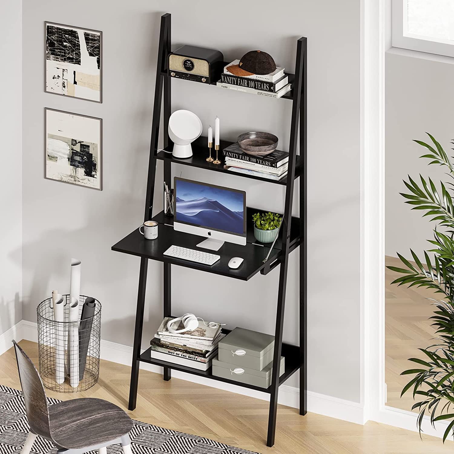4 Tiers Ladder Shelf Bookcase With Drop Down Desk Storage Stand For Pertaining To 2 Shelf Black Ladder Desks (View 4 of 15)