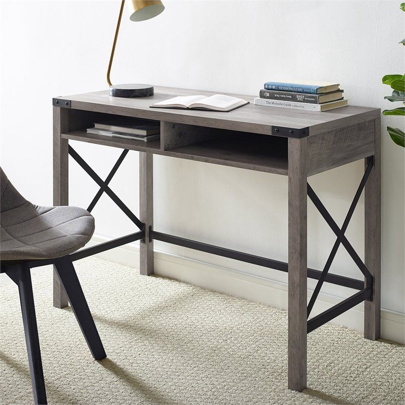 42" Farmhouse Metal & Wood Desk – Grey Wash – D42mxgw With Gray Wash Wood Writing Desks (View 10 of 15)