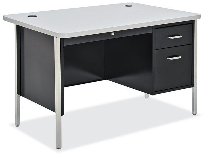 48"w X 30"d X 29 1/2"h Walnut/black Teacher's Desk  Single Pedestal Intended For Walnut Wood And Black Metal Office Desks (View 6 of 15)