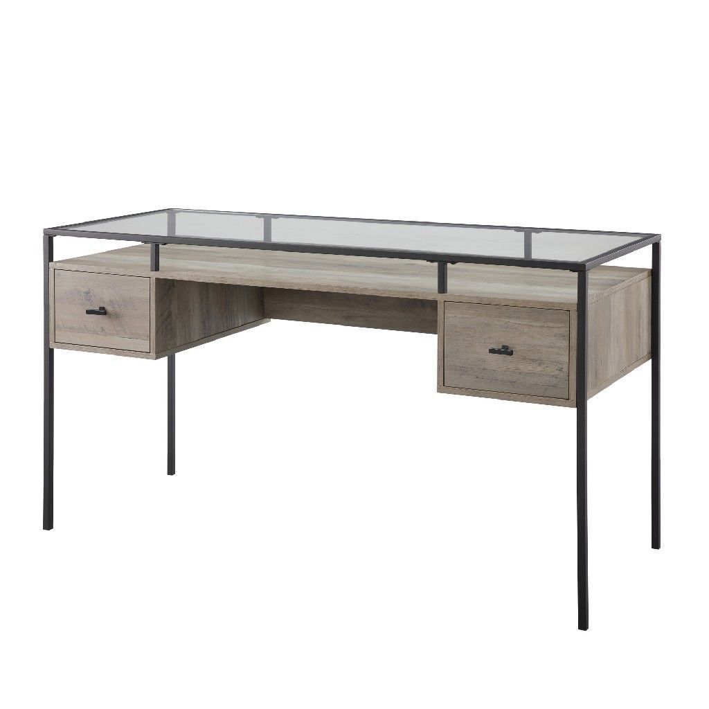 56" 2 Drawer Glass Top Desk In Grey Wash – Walker Edison D56ful2dgtgw Throughout Black And Gray Oval Writing Desks (View 13 of 15)