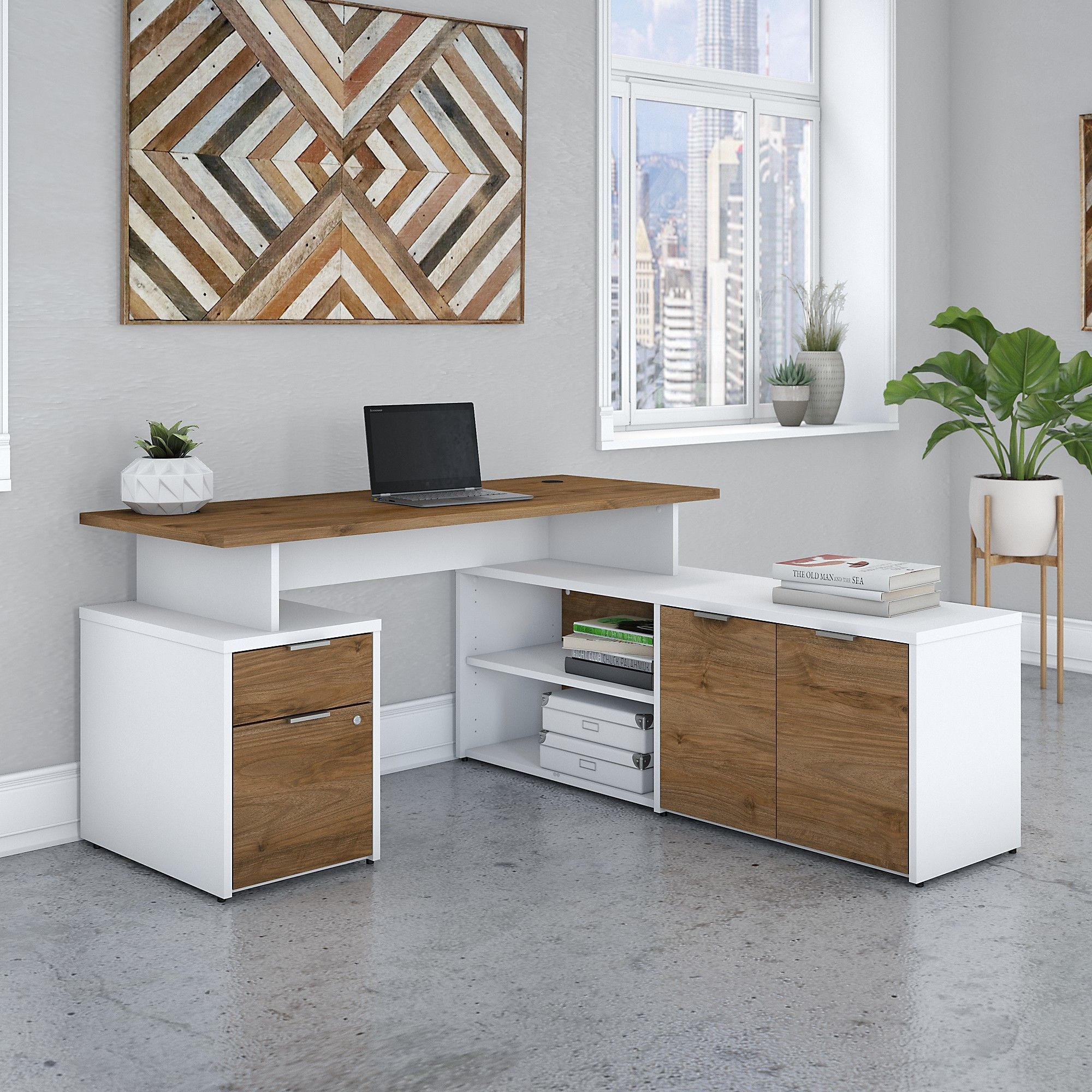 60w L Shaped Desk With Drawers In White And Fresh Walnut In Glass White Wood And Walnut Metal Office Desks (View 14 of 15)