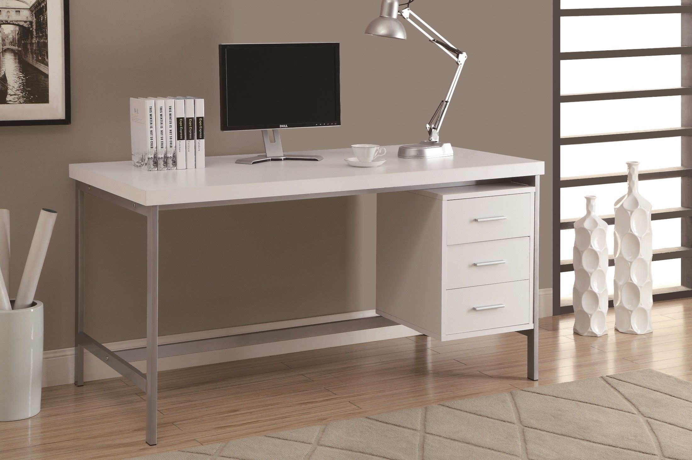 7046 White Silver Metal 60" Office Desk From Monarch (i 7046) | Coleman In Hwhite Wood And Metal Office Desks (View 2 of 15)
