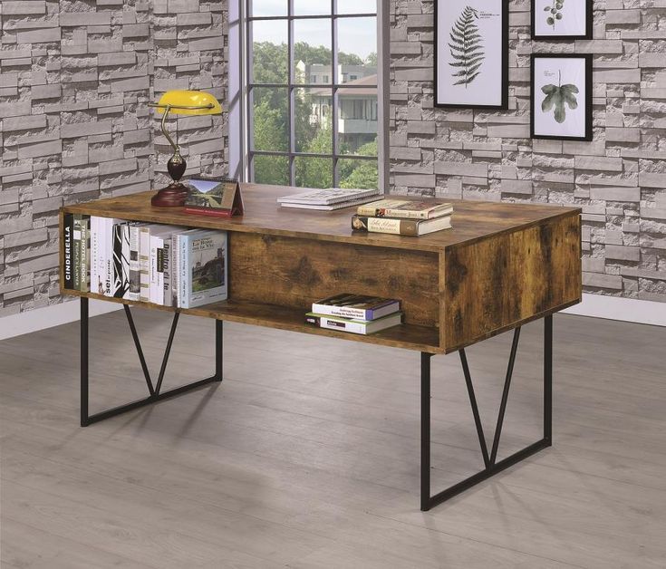 800999 17 Stories Rosina Analiese Antique Nutmeg Finish Wood And Black Inside Black Metal And Rustic Wood Office Desks (View 4 of 15)