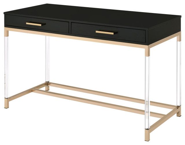Adiel Built In Usb Port Writing Desk, Black And Gold Finish Within Acacia Wood Writing Desks With Usb Ports (View 4 of 15)