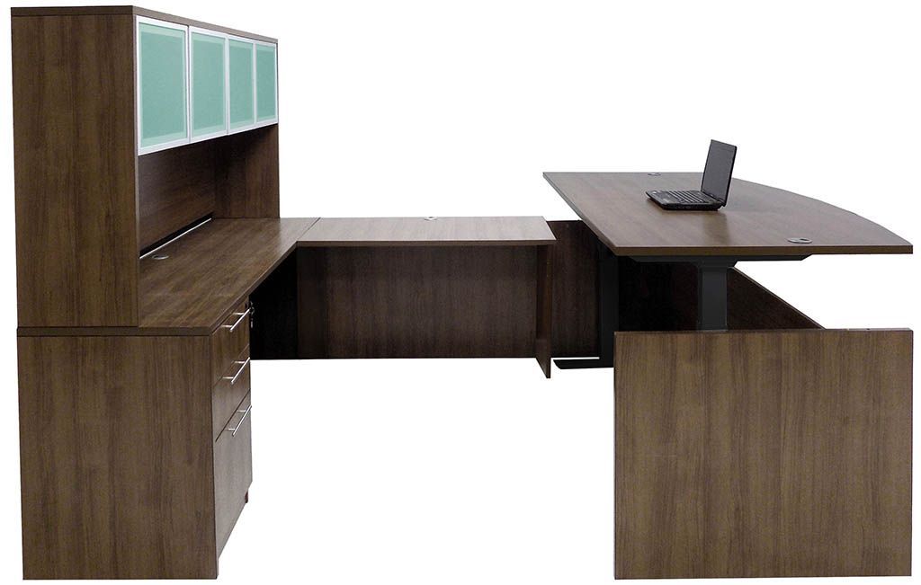 Adjustable Height Bow Front U Shaped Desk W/hutch In Modern Walnut Throughout Walnut Adjustable Laptop Desks (View 15 of 15)