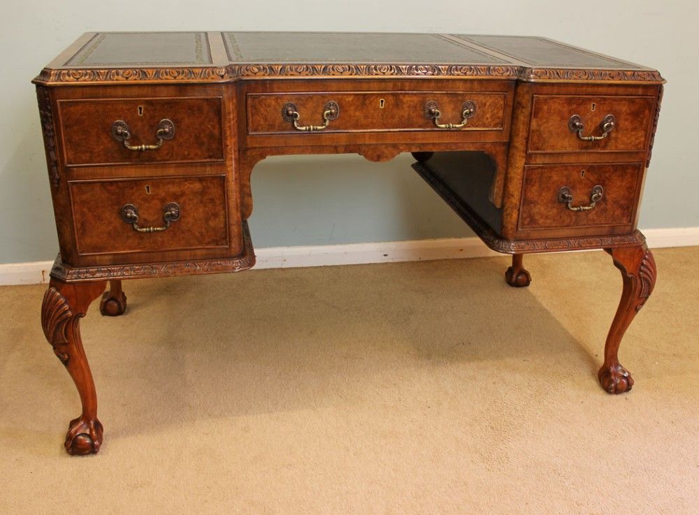 Antique Burr Walnut Kneehole Writing Desk | 278951 | Sellingantiques.co.uk Inside Walnut And Black Writing Desks (Photo 6 of 15)