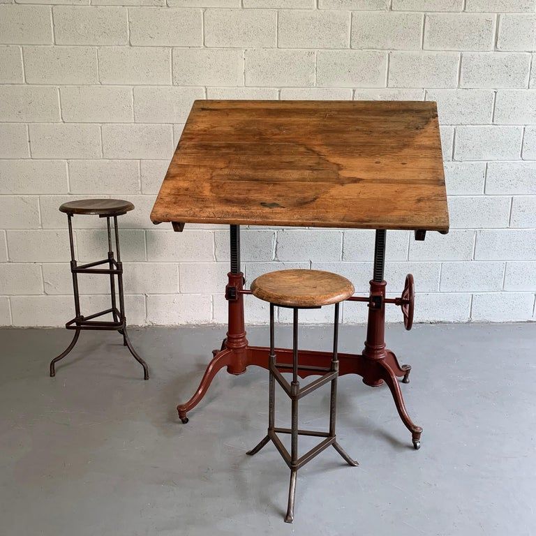 Antique Cast Iron And Pine Adjustable Drafting Table In 2020 | Wood Regarding Weathered Oak Tilt Top Drafting Tables (View 3 of 15)