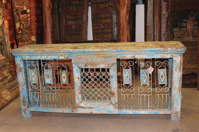 Antique Distressed Tv Console Table Hand Carved Iron Jali Rustic Wood Pertaining To Distressed Iron 4 Shelf Desks (View 11 of 15)