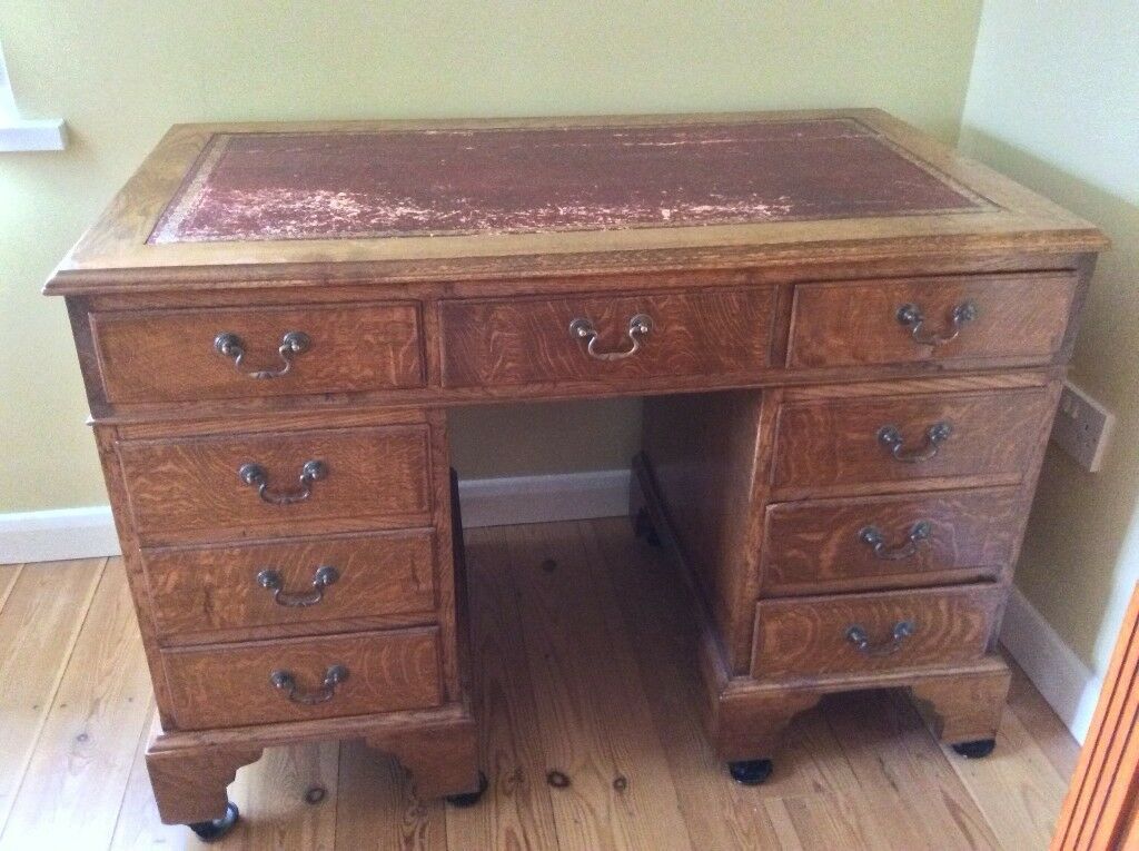 Antique Oak Writing Desk With Twin Pedestals | In Radyr, Cardiff | Gumtree In Reclaimed Oak Leaning Writing Desks (View 5 of 15)