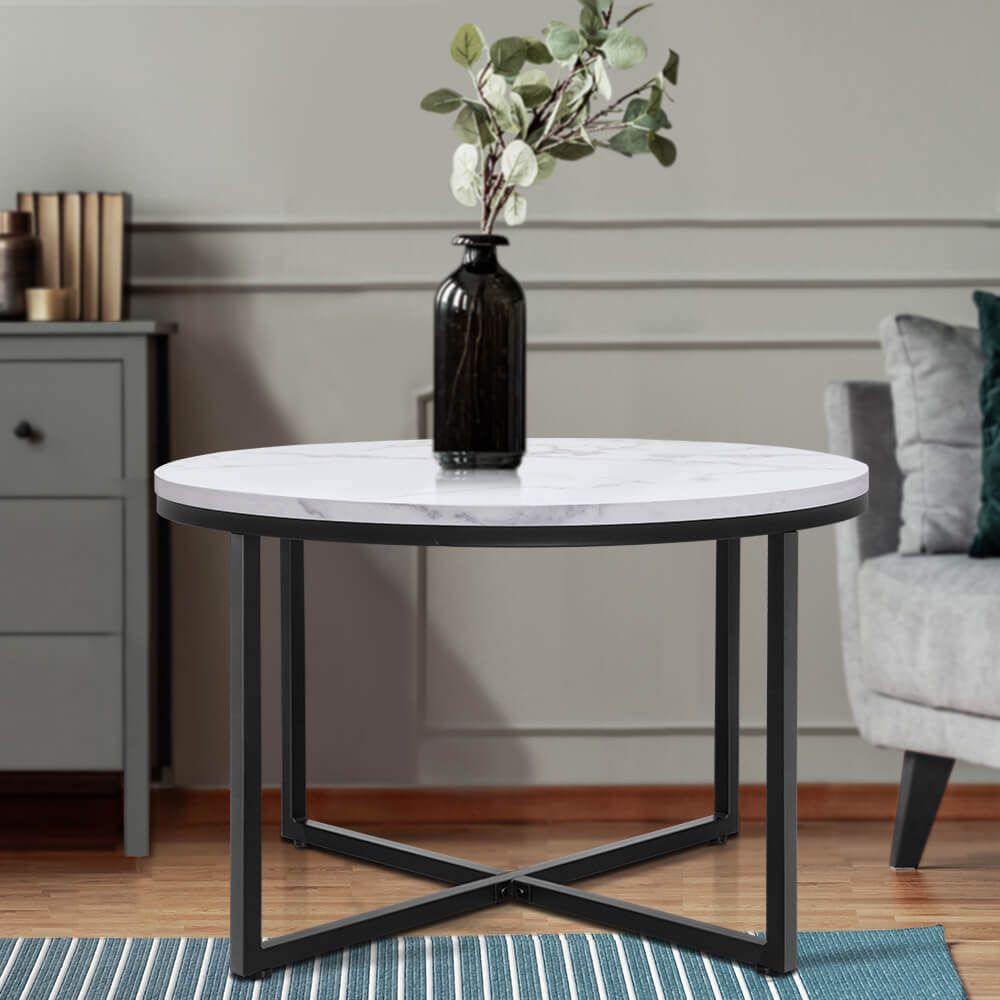 Artiss Coffee Table Marble Effect Side Tables Bedside Round Black Metal Pertaining To Marble And Black Metal Writing Tables (View 14 of 15)