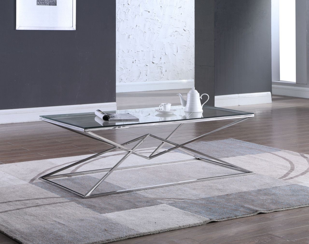 Ava Modern Glass Top Coffee Table With Chrome Stainless Steel Hourglass For Stainless Steel And Glass Modern Desks (View 2 of 15)