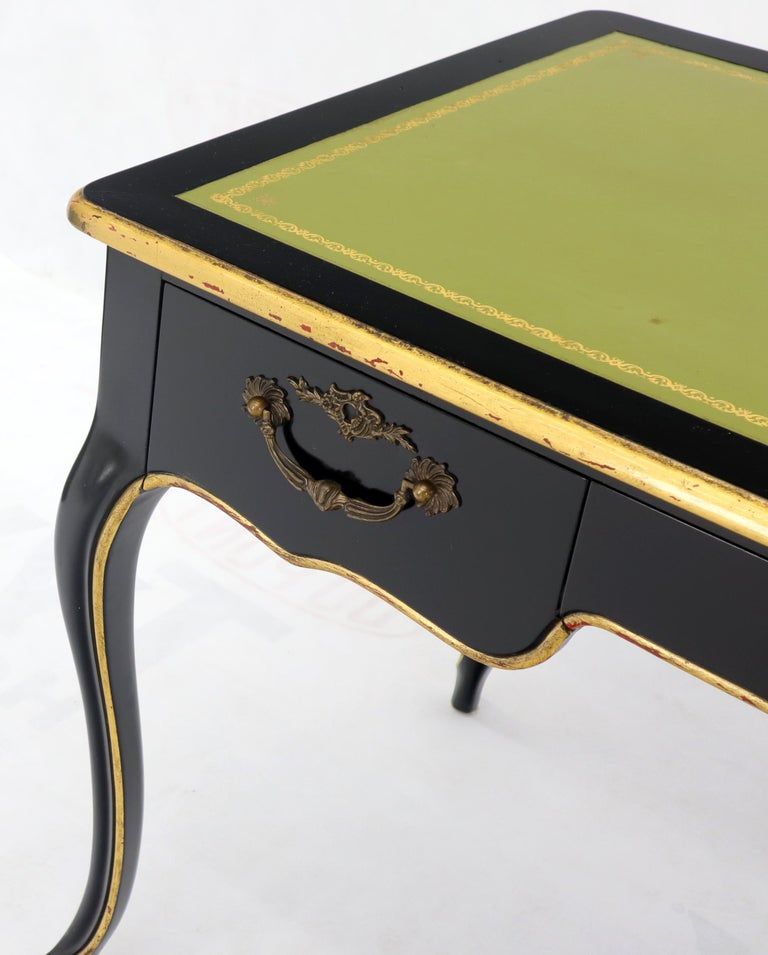Baker Country French Black Lacquer Gold Trim Leather Desk Console Pertaining To Lacquer And Gold Writing Desks (View 11 of 15)
