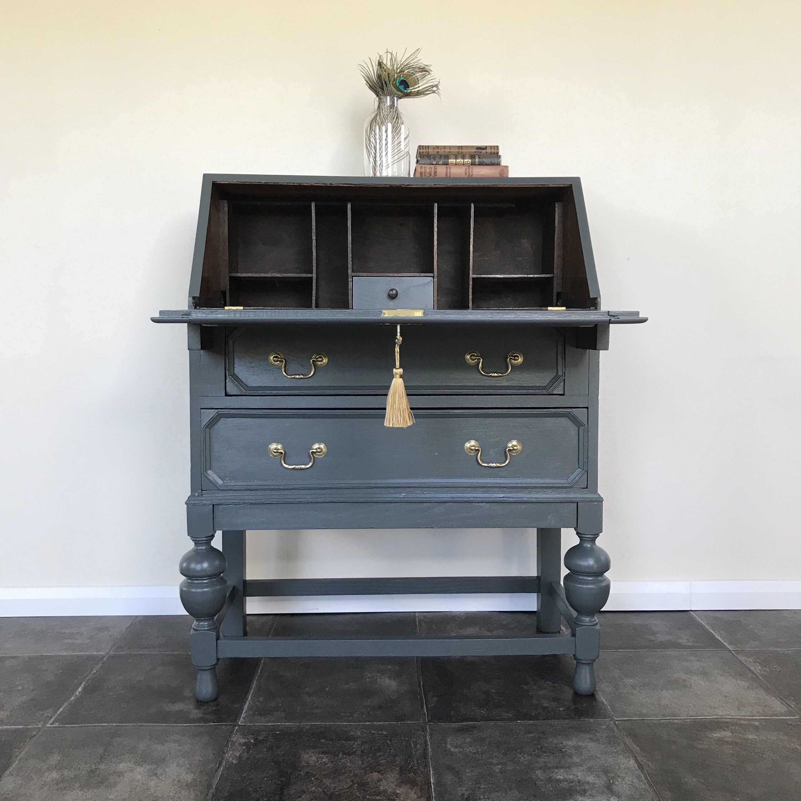 Beautiful Antique Solid Oak Painted Writing Bureau / Writing Desk In With Regard To Reclaimed Oak Leaning Writing Desks (View 13 of 15)