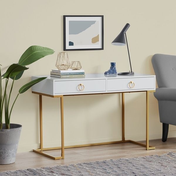 Belleze 2 Drawer Computer Desk Table, Wood & Metal, White & Gold Pertaining To White Wood 1 Drawer Corner Computer Desks (Photo 13 of 15)