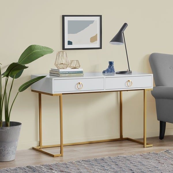 Belleze 2 Drawer Computer Desk Table, Wood & Metal, White & Gold Within Glass White Wood And Walnut Metal Office Desks (View 4 of 15)