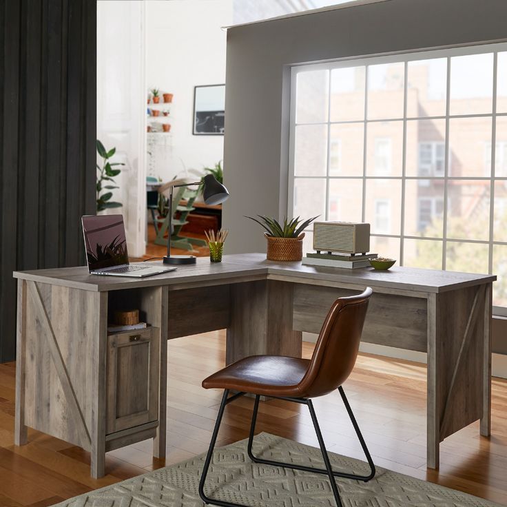 Better Homes & Gardens Modern Farmhouse L Desk, Rustic Gray Finish Intended For Black Finish Modern Office Desks (View 12 of 15)