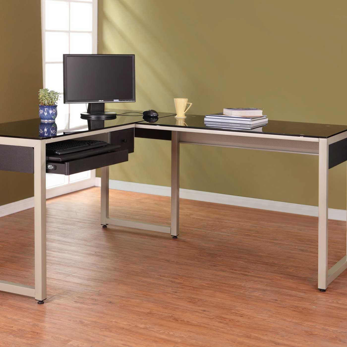 Black Glass Computer Desk For Home Office With Regard To Black Glass And Walnut Wood Office Desks (View 14 of 15)