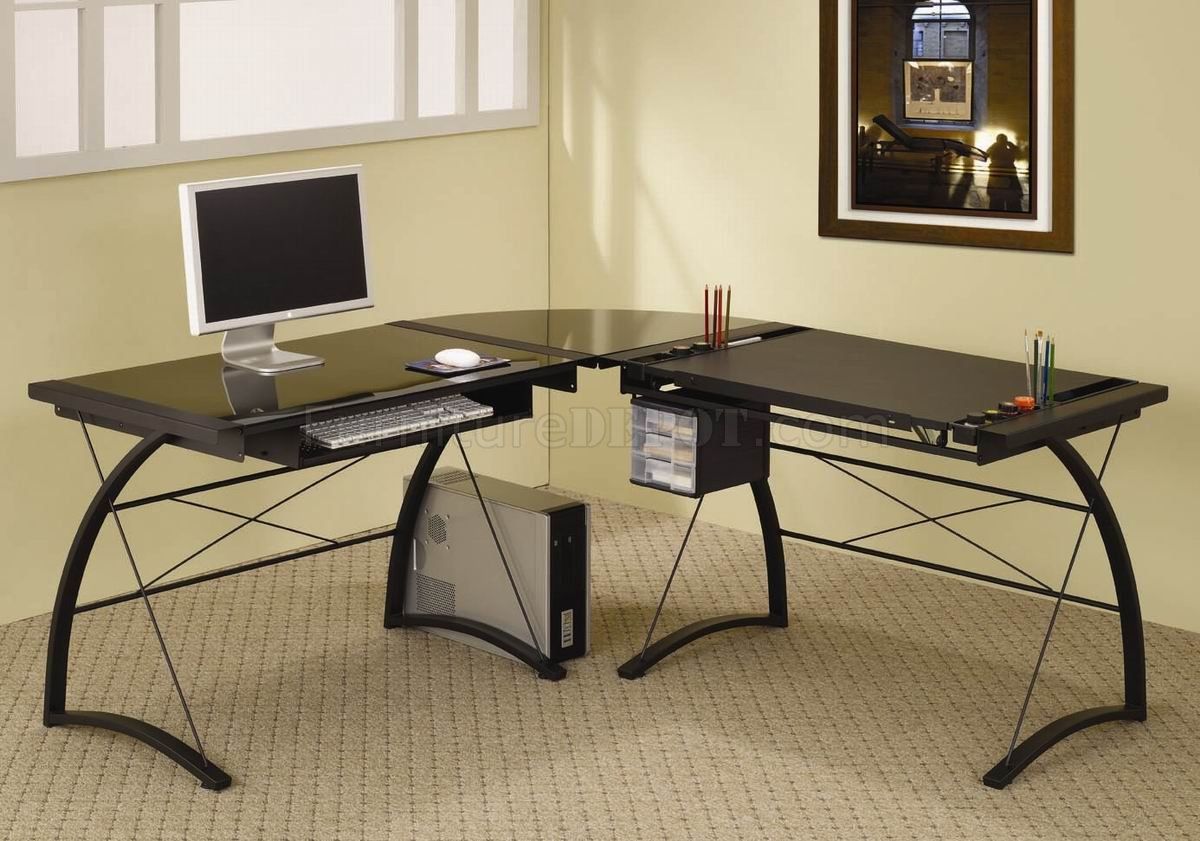 Black Glass Top & Metal Base Modern Home Office Desk With Regard To Modern Black Steel Desks (View 13 of 15)