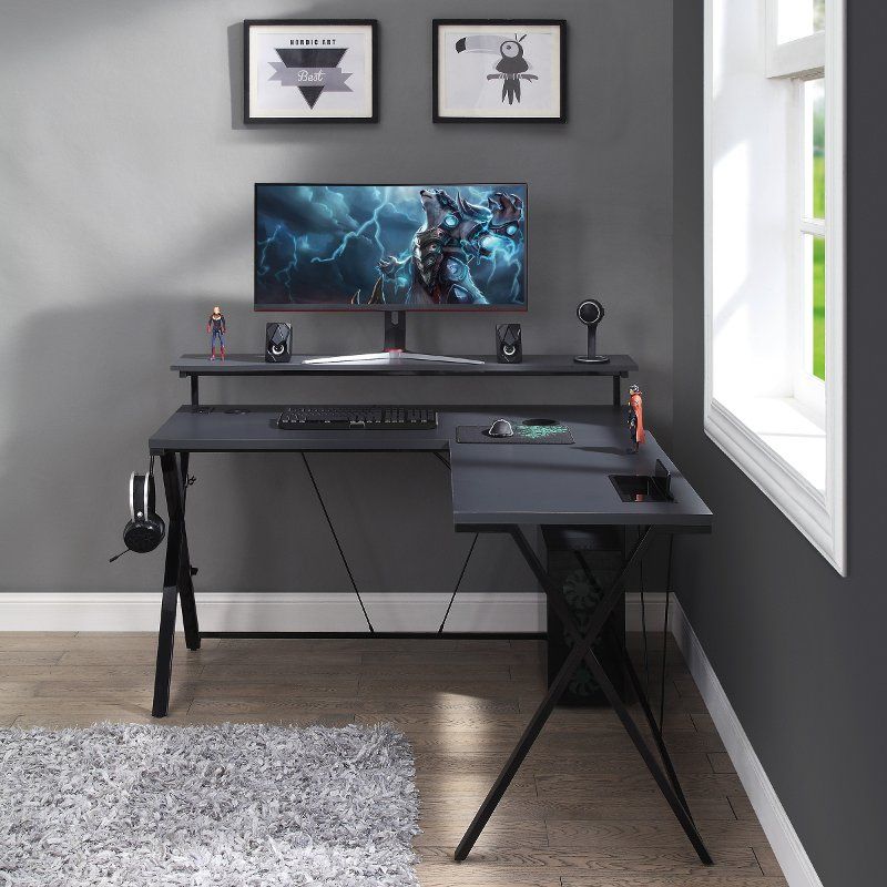 Black L Shaped Gaming Desk With Led Lights – Checkpoint Battle Station Regarding Black Metal Gaming Desks (View 4 of 15)