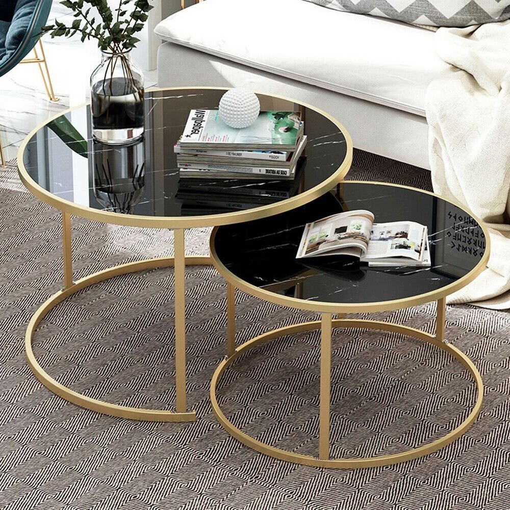 Black Marble Nesting Coffee Tables / 2 Black Marble Nesting End Tables Regarding Marble And Black Metal Writing Tables (View 3 of 15)