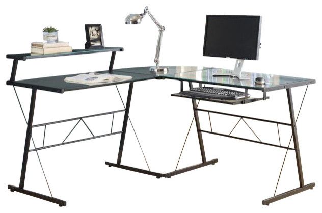 Black Metal L Shaped Computer Desk With Tempered Glass – Contemporary Within Glass White Wood And Black Metal Office Desks (View 12 of 15)