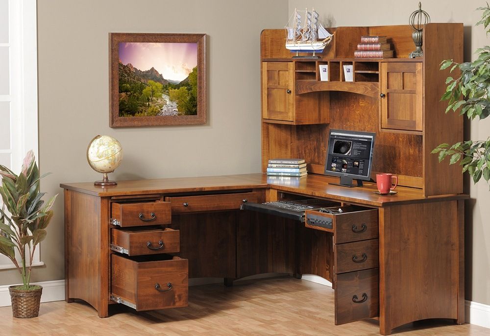 Brown Corner Wood Desk With Shelves And Drawers – Thebestwoodfurniture With Regard To Wood Center Drawer Computer Desks (View 9 of 15)