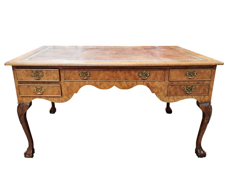 Burled Walnut & Leather Top Writing Desk – Stefek's Auctions And Estate With Regard To Walnut And Black Writing Desks (Photo 11 of 15)