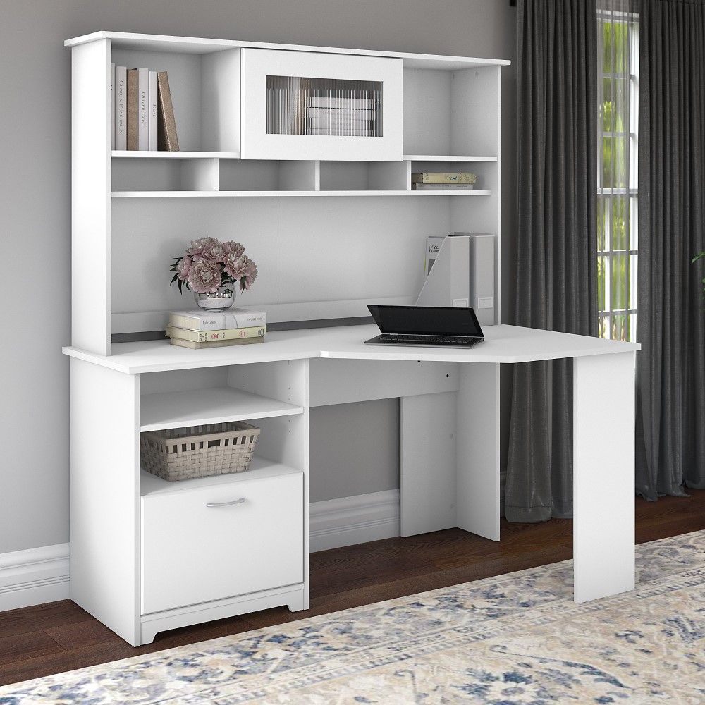 Bush Furniture – Cabot 60w Corner Desk With Hutch In White – Cab008whn Intended For White Traditional Desks Hutch With Light (View 1 of 15)