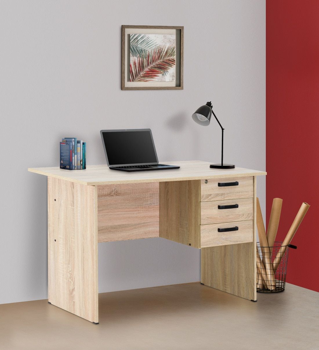 Buy Kuro Small Study Table With 3 Drawers In Sonoma Oak Finish With Sonoma Oak Writing Desks (View 9 of 15)
