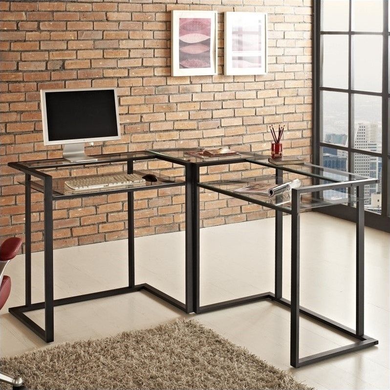 C Frame Glass And Metal L Shaped Computer Desk In Black – D56c33cb Inside Large Frosted Glass Aluminum Desks (View 4 of 15)