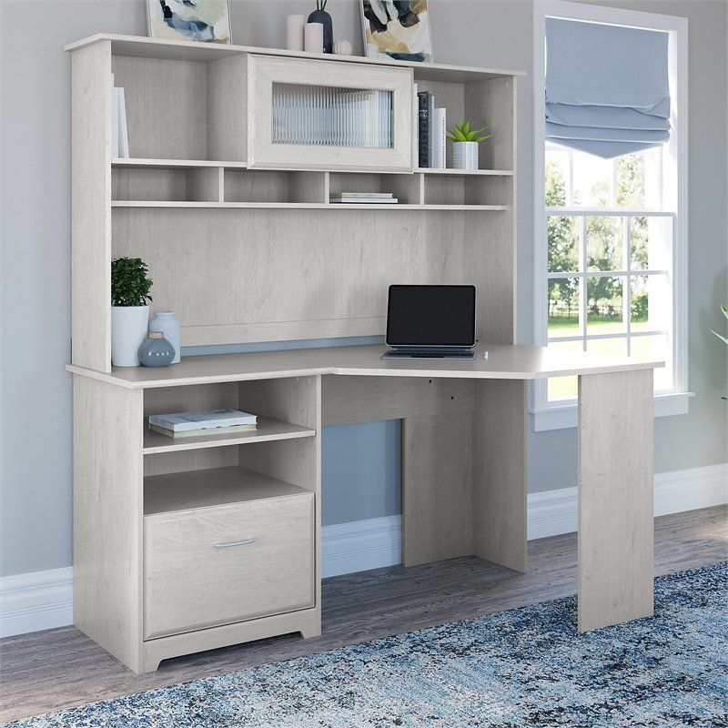 Cabot 60w Corner Desk With Hutch In Linen White Oak – Engineered Wood Intended For White Wood 1 Drawer Corner Computer Desks (View 6 of 15)
