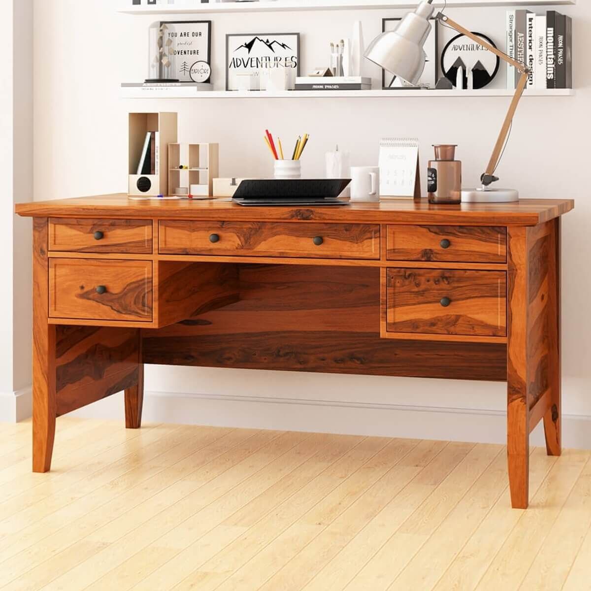 Calypso Rustic Solid Wood 60" Large Writing Desk With 5 Drawers Pertaining To Rustic Acacia Wooden Writing Desks (View 11 of 15)