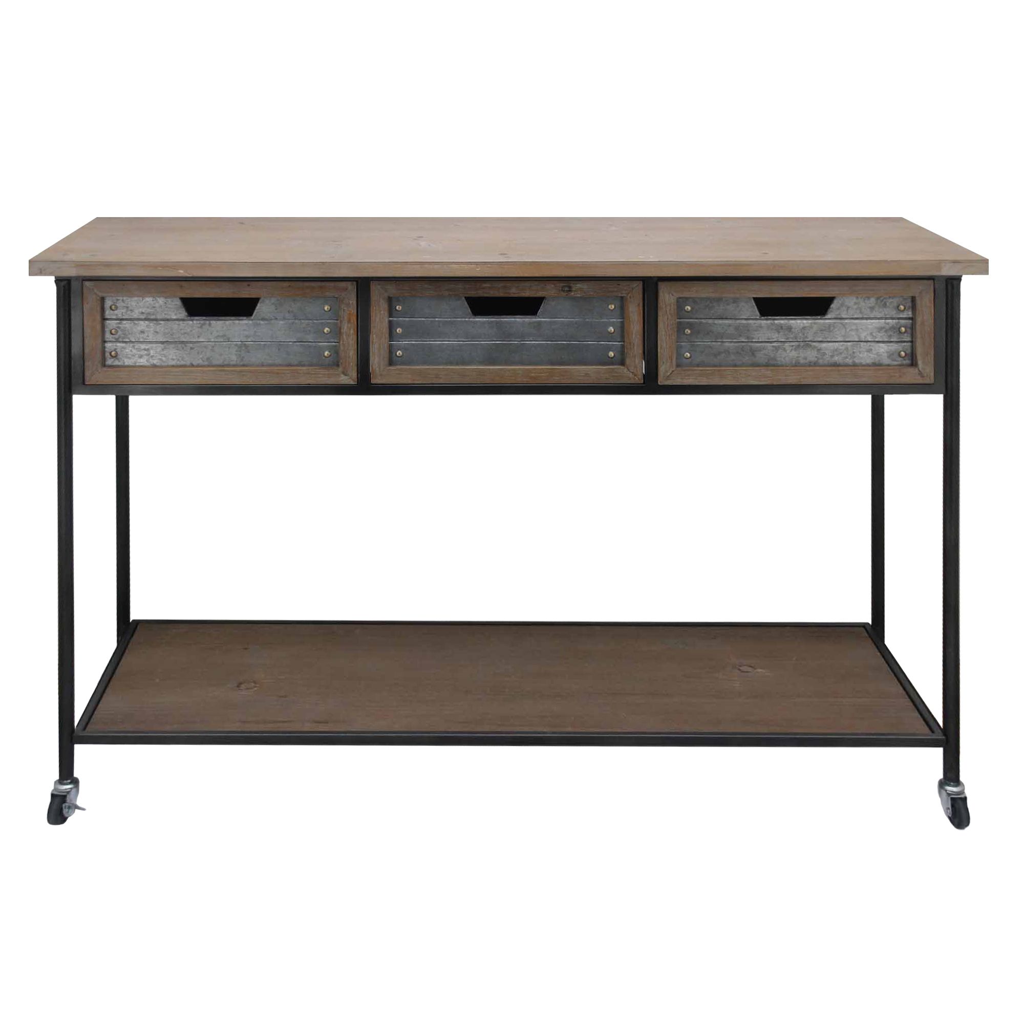 Caster Supported 3 Drawer Wood And Metal Console Table, Brown And Black Inside Brown And Matte Black 3 Drawer Desks (View 15 of 15)