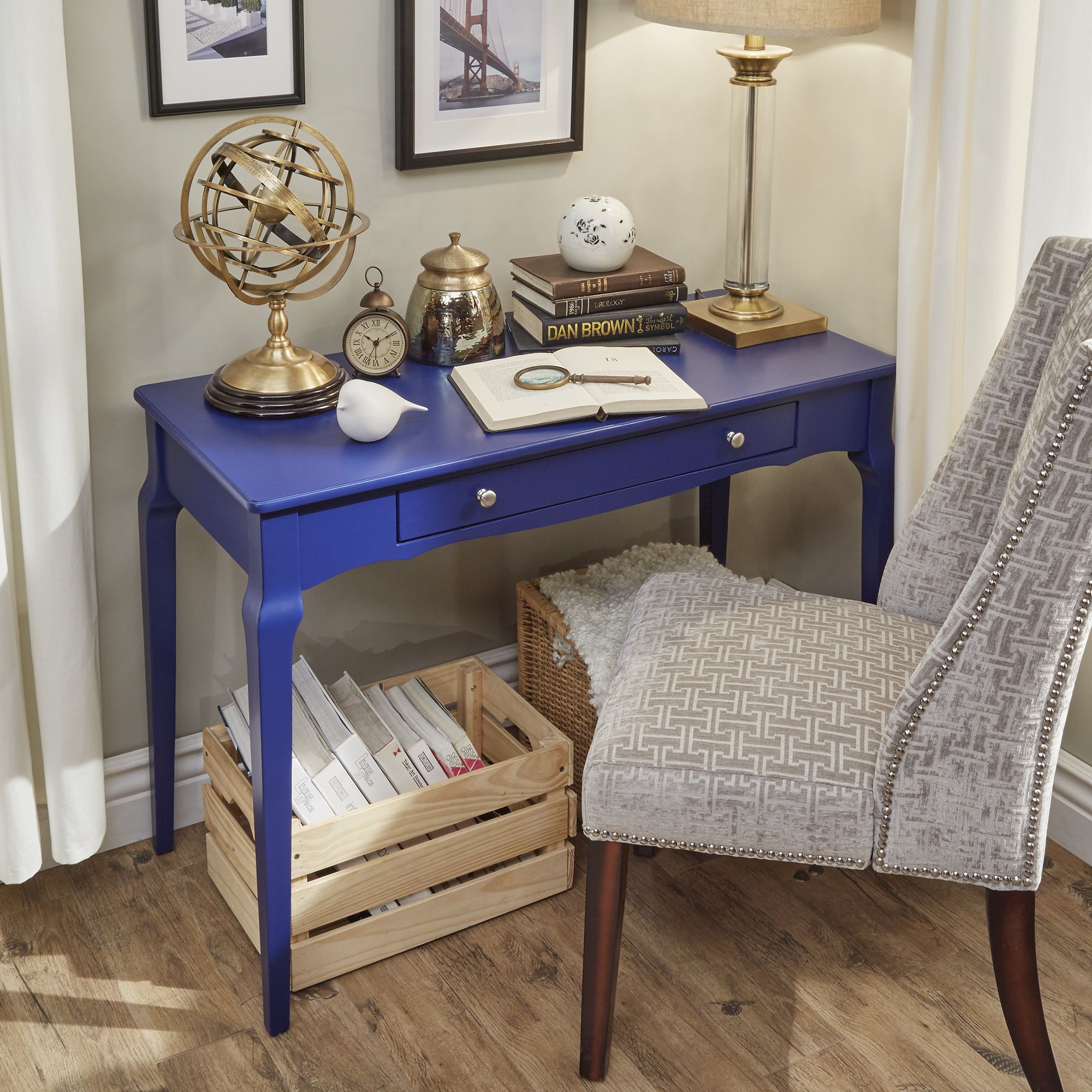 Chelsea Lane Riley Wood Single Drawer Writing Desk, Twilight Blue Intended For Gold And Blue Writing Desks (View 12 of 15)