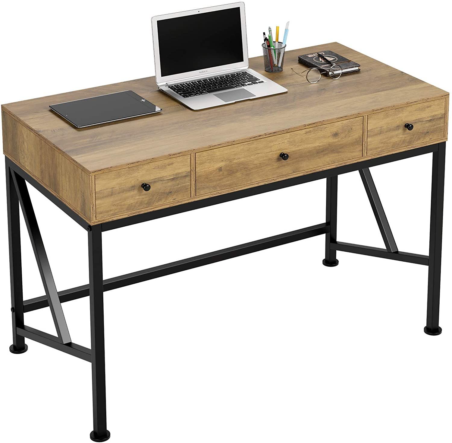 Cinak Computer Desk With Drawers, 42" Home Office Rustic Writing Desk Throughout Modern Ashwood Office Writing Desks (View 6 of 15)