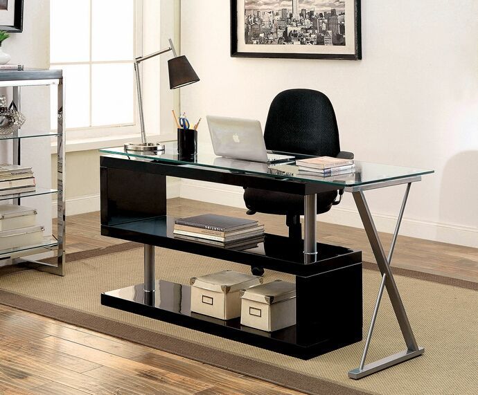 Cm Dk6131bk Bronwen Black Finish Wood And Glass Top L Shaped With Regard To Black Glass And Dark Gray Wood Office Desks (View 14 of 15)