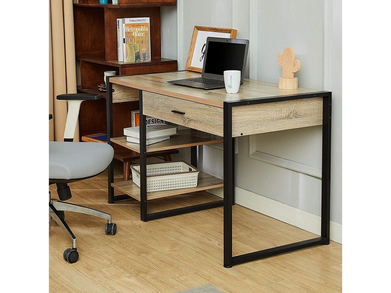Co Z 47" Industrial Computer Desk W Drawer, 3 Prong Outlet, 2 Usb Ports With Acacia Wood Writing Desks With Usb Ports (View 11 of 15)
