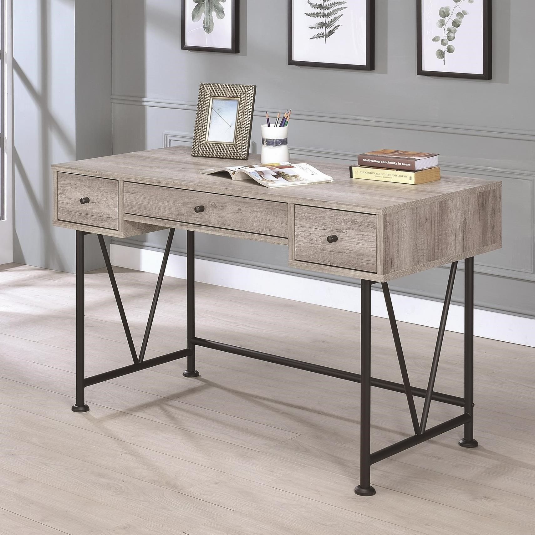 Coaster Guthrie Industrial Style Writing Desk With 3 Drawers | Value Regarding Smoke Gray Computer Writing Desks (View 4 of 15)