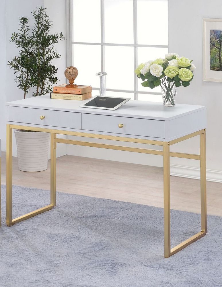 Coleen White/brass Wood/metal Desk With 2 Drawersacme With Regard To White And Cement Writing Desks (View 13 of 15)