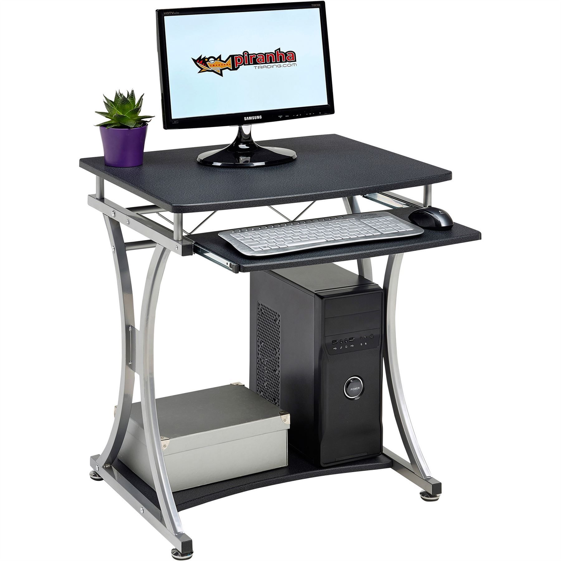 Compact Computer Desk With Keyboard Shelf For Home Office – Piranha Within Graphite Convertible Desks With Keyboard Shelf (View 4 of 15)