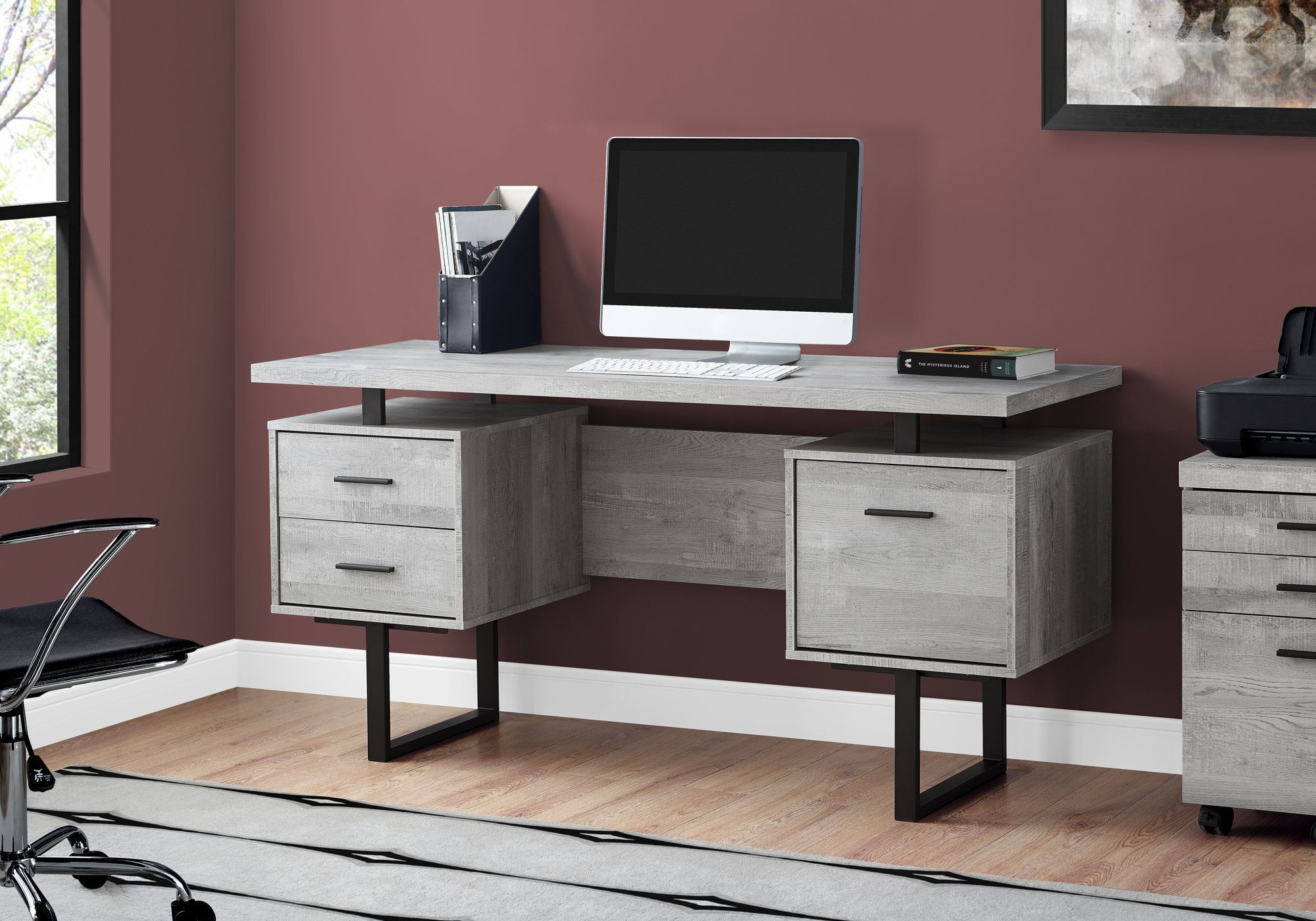 Computer Desk – 60"l / Grey Wood Grain / Black Metal – Monarch Inside Black Glass And Dark Gray Wood Office Desks (View 4 of 15)