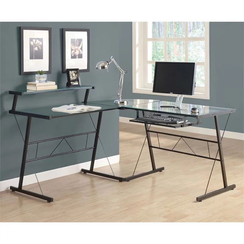 Computer Desk – Black Metal Corner With Tempered Glass – Walmart Throughout Glass Walnut Wood And Black Metal Office Desks (View 7 of 15)