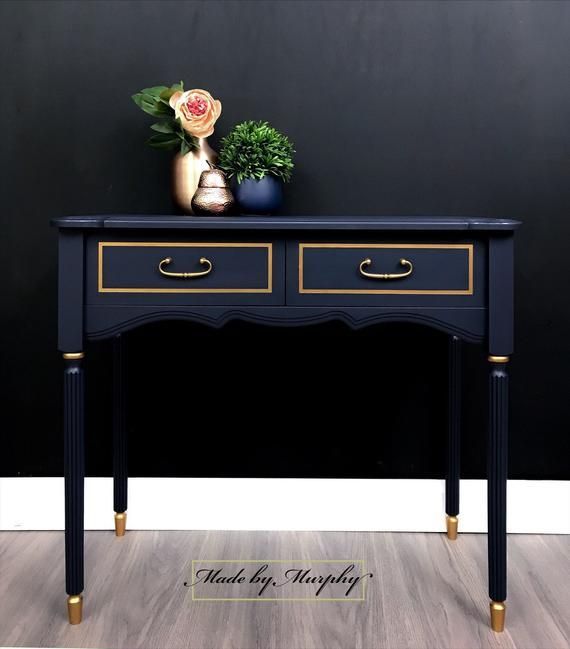 Console Table In Navy With Coppered Gold Trim And 2 Drawers (View 2 of 15)