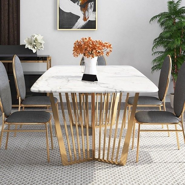 Contemporary 63" Rectangular Faux Marble Dining Table Gold Base Within Glass And Gold Rectangular Desks (View 14 of 15)