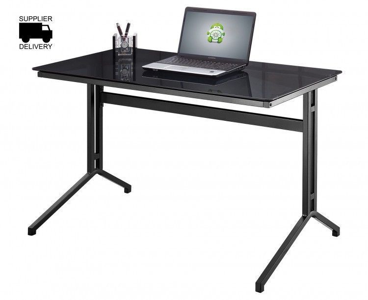 Contemporary Office Desk Black Smoked Glass Computer Home Workstation Intended For Black Glass And Dark Gray Wood Office Desks (View 7 of 15)