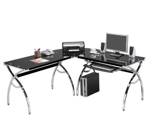 Corner Computer Desk Black Glass L Shaped W/ Keyboard Throughout Matte Black Corner Desks With Keyboard Shelf (View 4 of 15)