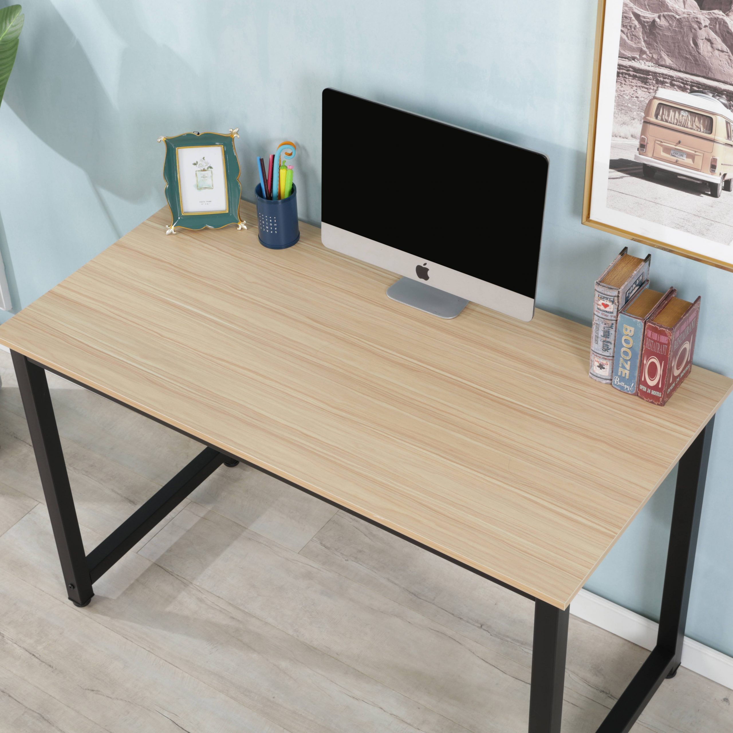Corner Computer Desk, Home Office Desk With Wood Desktop & Metal Frame In Hwhite Wood And Metal Office Desks (View 6 of 15)
