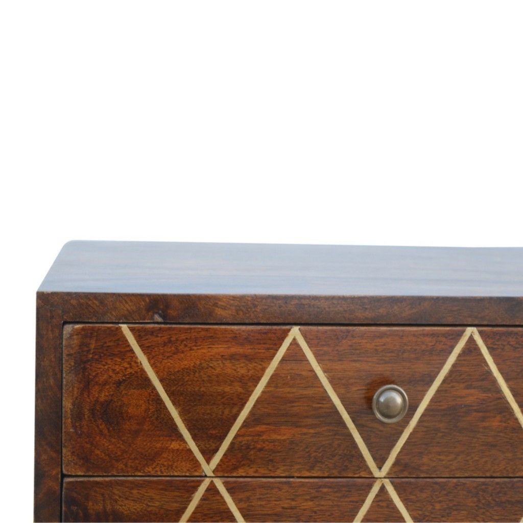 Criss Cross Chestnut Finish Bedside Table With 2 Drawers And Brass Inlay Regarding Wood And Dark Bronze Criss Cross Desks (View 8 of 15)
